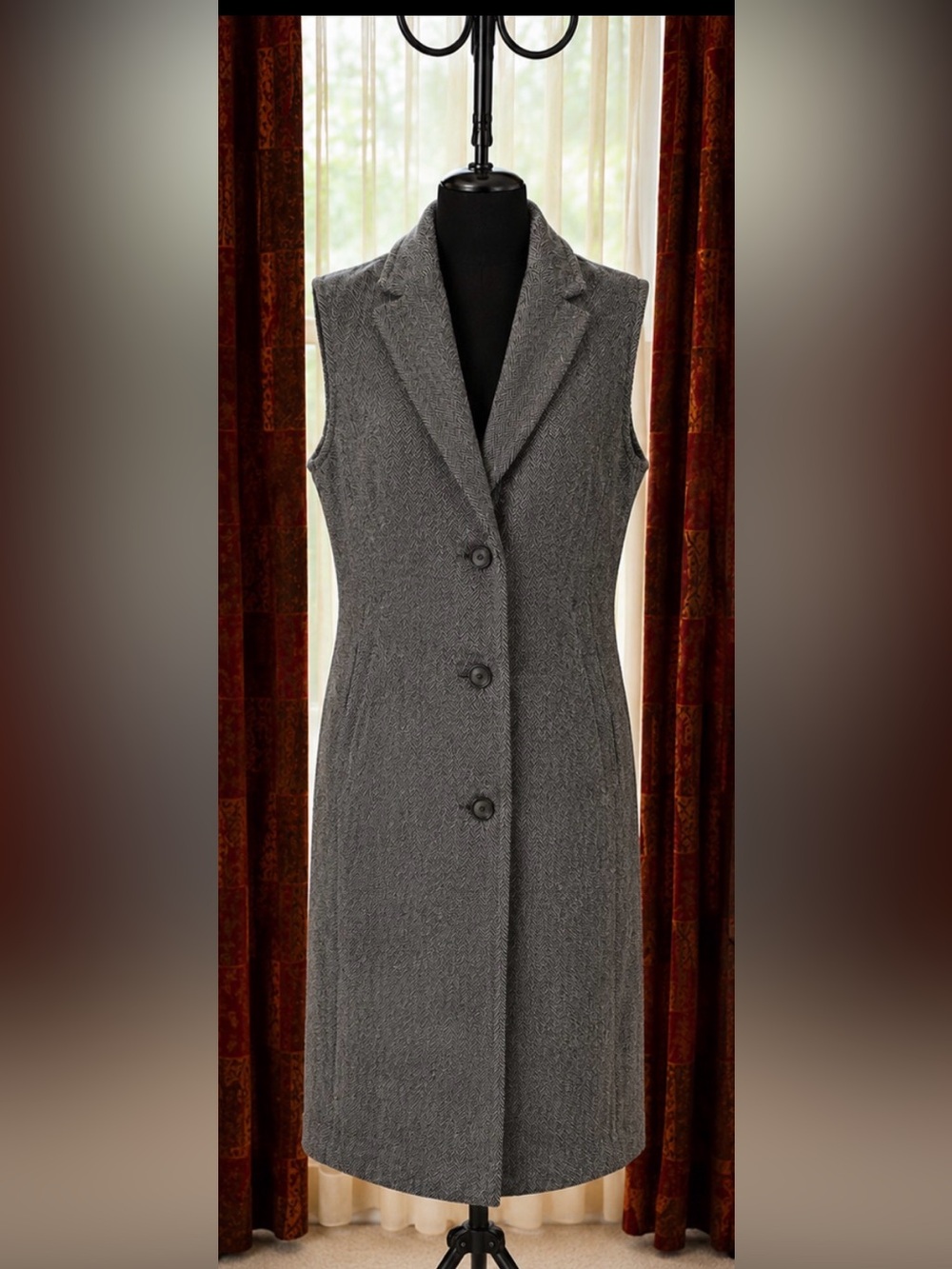 Rachel Roy Gray Herringbone Long Sleeveless Coat Vest | Tailored Duster | XL